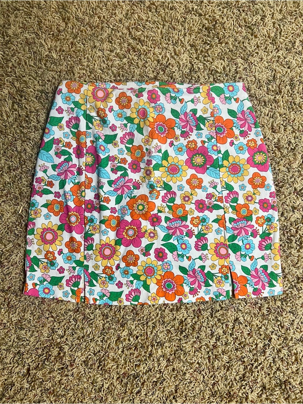 Love On A Hanger Floral Mini Skirt - White with Pink, Orange & Yellow Blooms